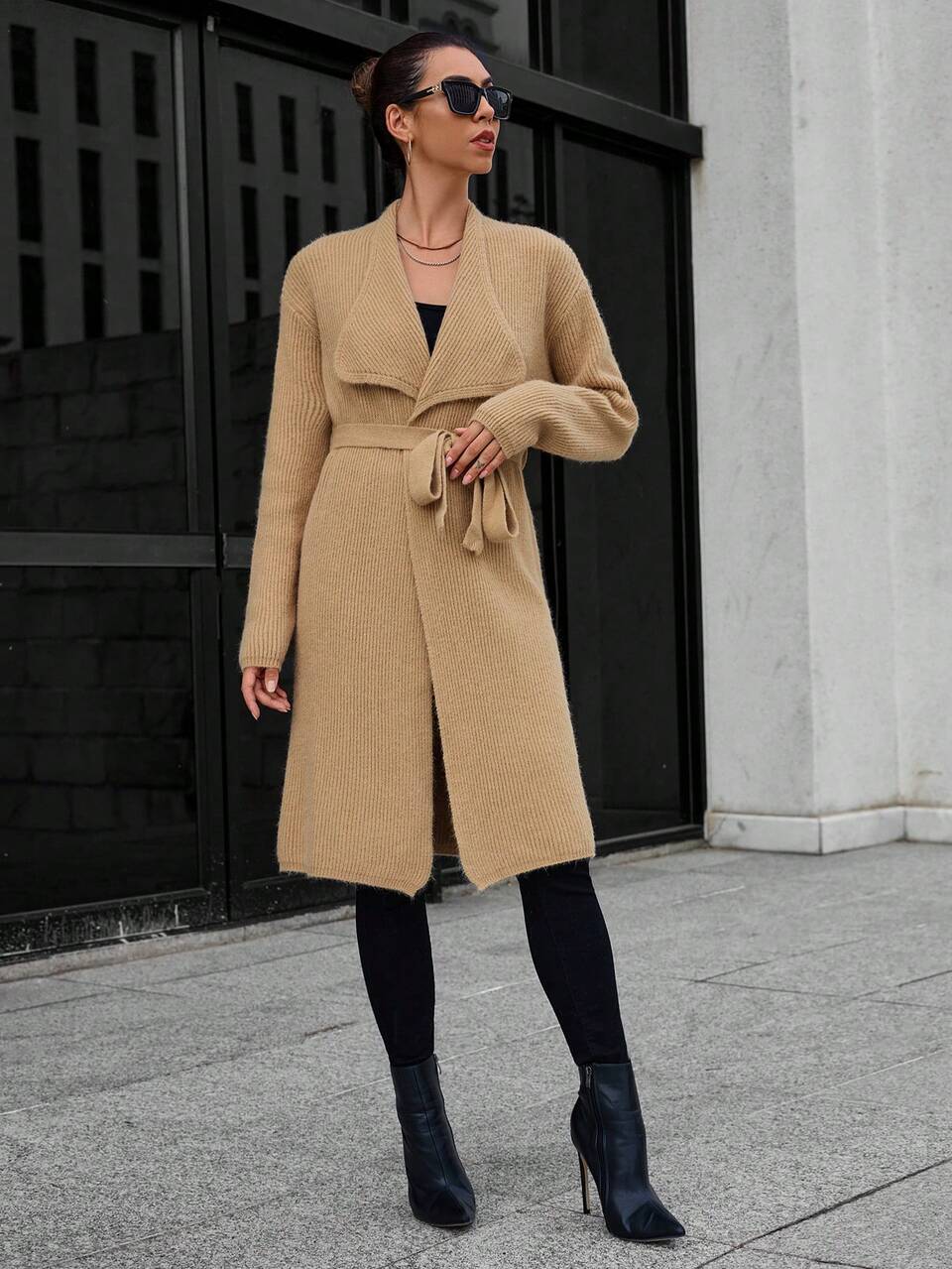 Waterfall Collar Drop Shoulder Belted Cardigan