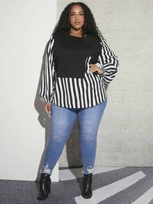 SHEIN CURVE+ 大碼條紋印花燈籠袖假兩件上衣 - 黑與白 - 查看 3