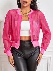 SHEIN Essnce Zip Up Mesh Bomber Jacket - Hot Pink - View 5