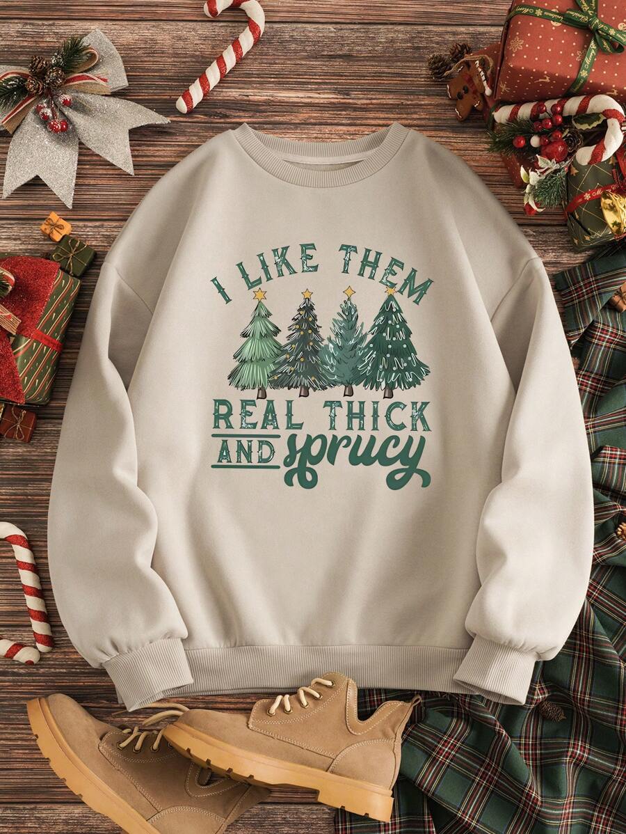INAWLY Sudadera térmica con estampado de árbol de Navidad y eslogan, sudadera de otoño - Albaricoque - Ver 1