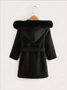 Young Girl Fuzzy Hooded Belted Overcoat - Black - View 2