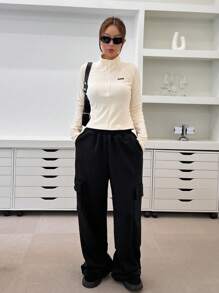 DAZY Letter Patched Detail Raglan Sleeve Mock Neck Tee - Beige - View 3