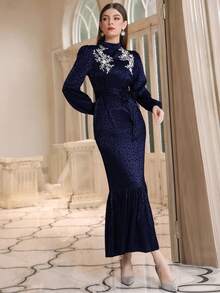 豹紋提花貼花腰帶魚尾裙下擺洋裝 - 藍色 - 查看 6