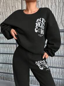 SHEIN PETITE Slogan Grafik Nedhasade aclar Sweatshirt & Mjukisbyxor - Svart - Visa 5
