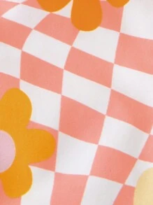 女嬰棋盤格和印花前紐扣短款襯衫 - 橘色 - 查看 4