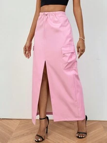 SHEIN EZwear Flap Pocket Split Thigh Flap Pocket Side Cargo Skirt - Baby Pink - View 3