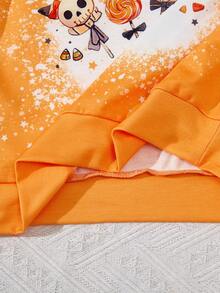 SHEIN Tween Girls Halloween Print Hooded Crop Sweatshirt - Orange - View 4