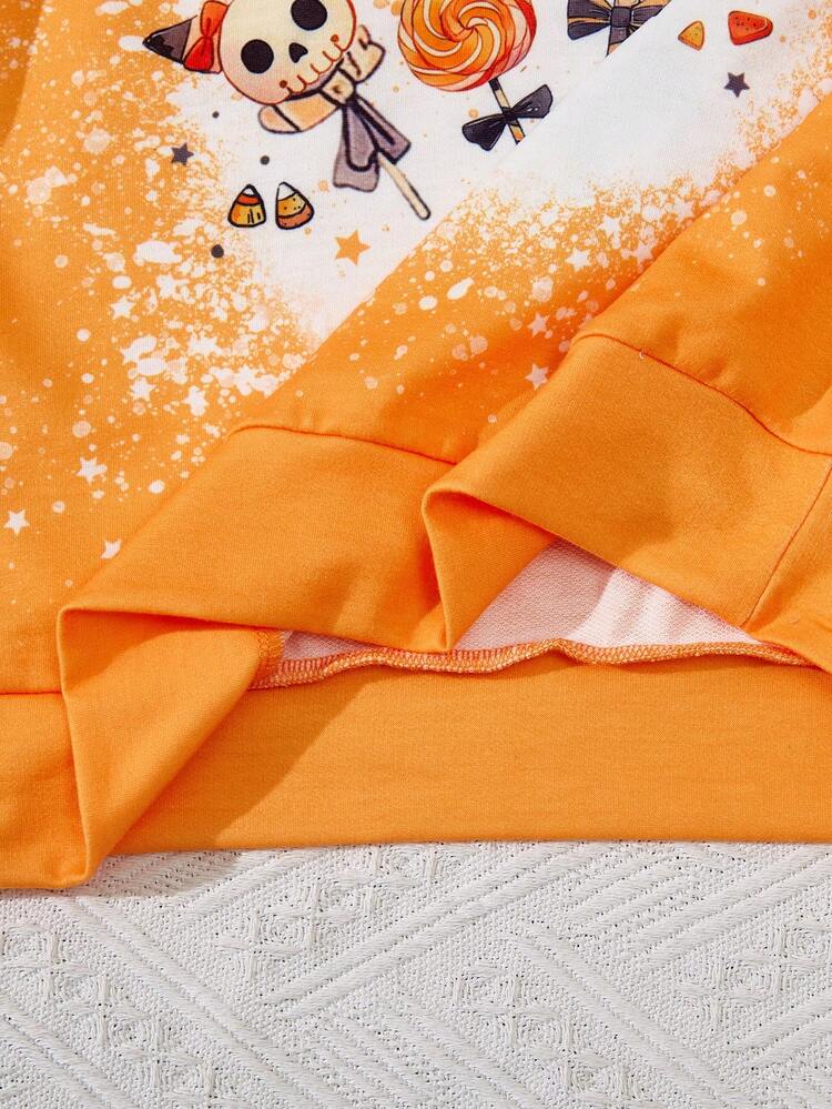 SHEIN Tween Girls Halloween Print Hooded Crop Sweatshirt - Orange - View 4