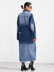 SHEIN Privé Flap Pocket Raw Hem Denim Coat - Medium Wash - View 2