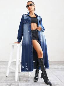 SHEIN Privé Flap Pocket Raw Hem Denim Coat - Medium Wash - View 7