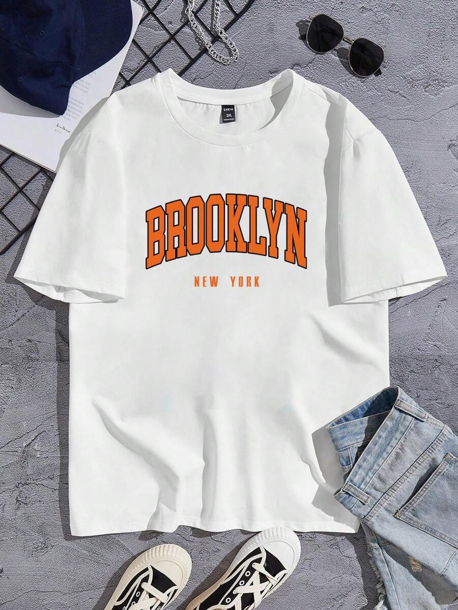 EASEVO Áo thun tay ngắn họa tiết chữ Brooklyn cỡ lớn cho nam, dùng khi đi chơi - trắng - Xem 1