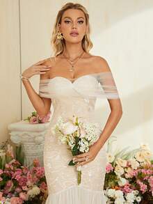 Off Shoulder Mermaid Hem Mesh Wedding Dress Mermaid Dress - White - View 6