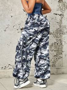 大碼迷彩印花側翻蓋口袋腰部抽繩工裝降落傘褲 - 彩色 - 查看 1