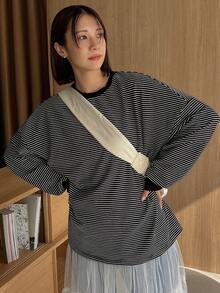 FRIFUL 條紋印花落肩袖運動衫 - 黑色 - 查看 3