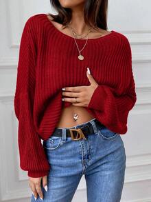 SHEIN Unity 素色落肩袖套頭毛衣 - 紅色 - 查看 6