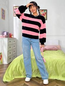 SHEIN EZwear Two Tone Drop Shoulder Fuzzy Sweater - Pink - View 5