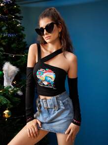SHEIN X The Smurfs Cartoon & Letter Graphic Asymmetrical Neck Crop Tee - Black - View 1