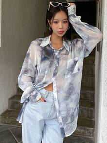 DAZY Tie Dye Drop Shoulder Shirt - Dusty Blue - View 2