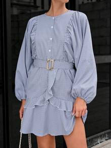 GENKIRA In sọc Tay áo lồng đèn Viền Ruffle Váy có thắt lưng - Xanh và trắng - Xem 5