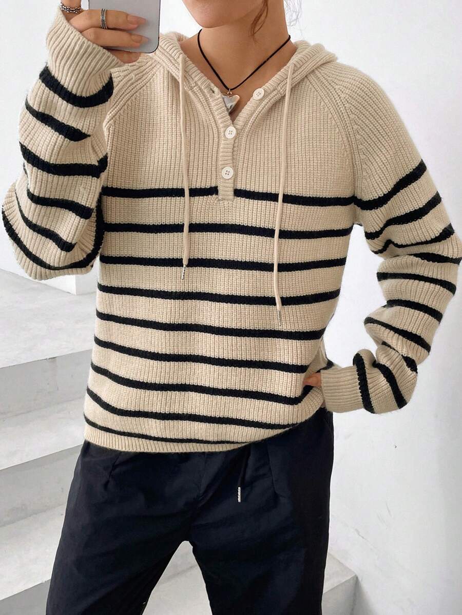 SHEIN EZwear Maglione modelli righe manica raglan con coulisse con cappuccio - Cachi - Visualizzare 1
