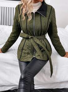 SHEIN Clasi Contrast Binding Belted Quilted Coat - Green - View 5