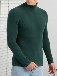 RueChic Men Solid Turtleneck Ribbed Knit Sweater - Green - View 1