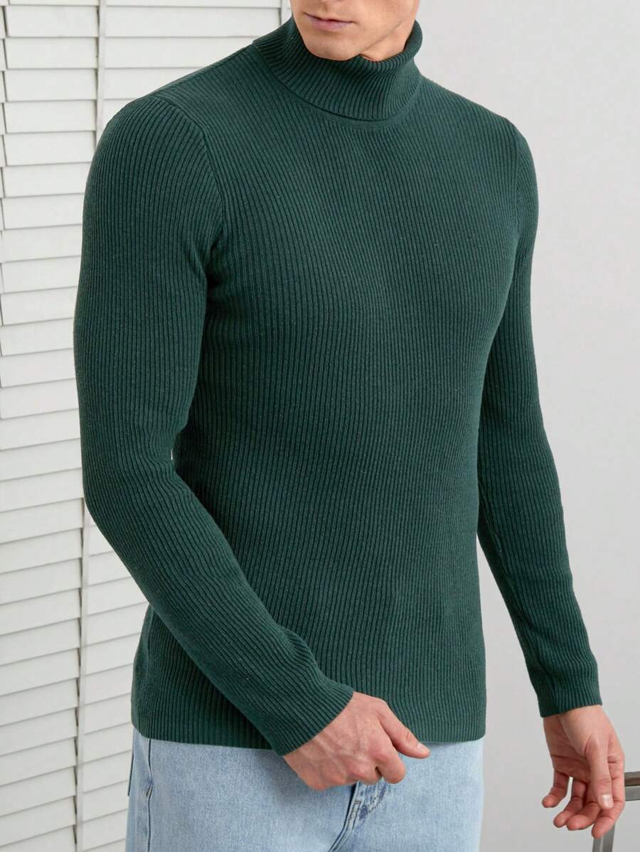 RueChic Men Solid Turtleneck Ribbed Knit Sweater - Green - View 1