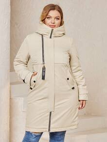 Astrid Plus Zip Up Hooded Padded Coat - Beige - View 3