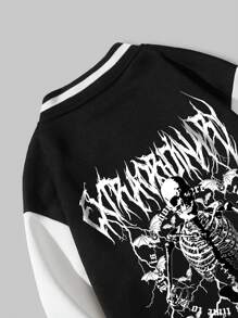 ROMWE MEN Goth Guys Skeleton & Slogan Graphic Striped Trim Drop Shoulder Varsity Jacket - Black - View 4