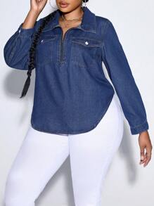 SHEIN Plus Half Zip Flap Pocket Curved Hem Denim Top - Dark Wash - View 4