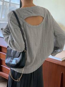 DAZY Cắt ra phía trước Thả vai Áo nỉ - Xám - Xem 1