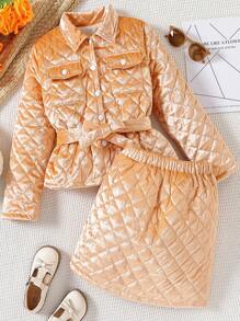 SHEIN 青少年女孩翻盖口袋绗缝腰带夹棉外套和裙子 - 杏色 - 查看 1