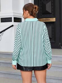 SHEIN Essnce Hơn In sọc Nút phía trước Áo sơ mi - Màu xanh lam - Xem 2