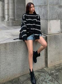 DAZY Striped Pattern Drop Shoulder Sweater,Fall Women Clothes - Black and White - View 7