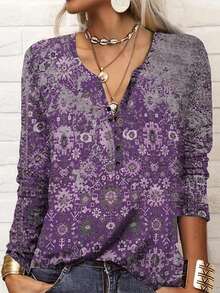 All Over Print Button Detail Notched Neck Tee - Purple - View 4