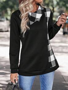 SHEIN LUNE 水牛格紋印花不對稱領套頭衫 - 黑色 - 查看 3