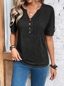 SHEIN LUNE Nhấn vào nếp gấp Chi tiết Đường viền cổ có rãnh Áo thun - màu đen - Xem 5