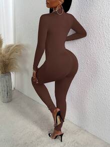 Slaydiva 素色小高領彈力緊身連體褲 - 咖啡棕 - 查看 2