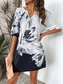 SHEIN Essnce 印花缺口領撞色洋裝 - 黑與白 - 查看 3