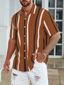 Manfinity Men Plus Striped Print Button Front Shirt - Multicolor - View 3