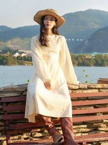 DAZY Vestido de manga farol con diseño de jacquard y unicolor, vestido casual para mujeres