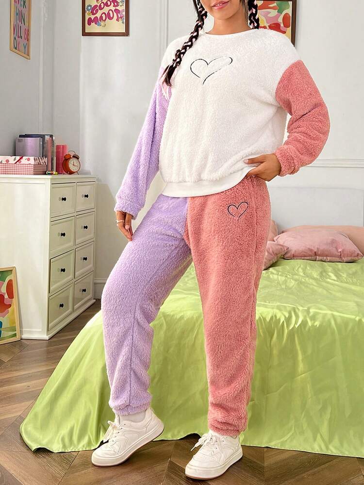 SHEIN EZwear Heart Embroidery Drop Shoulder Teddy Pullover & Pants - Multicolor - View 5