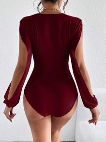 SHEIN Privé Plunging Neck Cut Out Lantern Sleeve Ruched Bodysuit - Burgundy - View 7