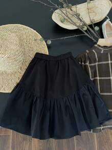 Young Girl Plaid Mock Neck Blouse & Skirt - Coffee Brown - View 5