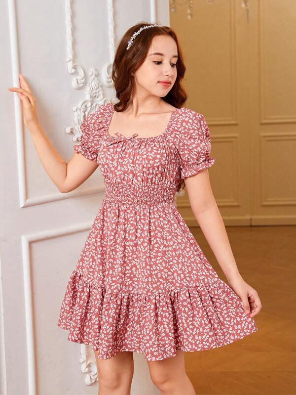 SHEIN Chica adolescente Vestido con estampado floral bajo con fruncido
