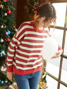 Knit Mix 條紋圖案落肩袖套頭毛衣 - 紅色 - 查看 4