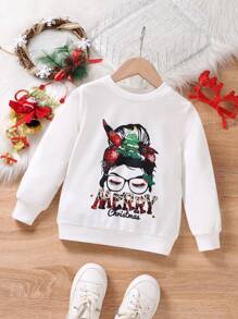 SHEIN Young Girl Figure & Letter Graphic Sweatshirt - White - View 1