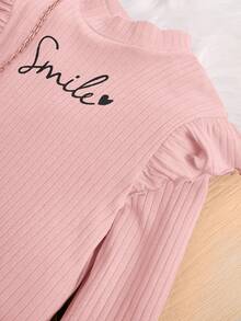 SHEIN 女大童字母圖案荷葉邊小高領T恤 - 藕粉色 - 查看 4