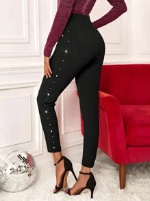SHEIN Clasi 珍珠串珠高腰緊身打底褲 - 黑色 - 查看 2