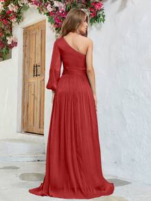 One Shoulder Cut Out Waist Ruched Chiffon Formal Dress - Red - View 2